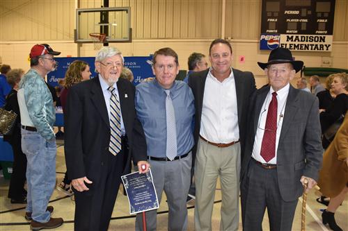 Former Mayor Burwell Wilbanks, former Principal W.R. Foutch, with Supt. Parker and Principal Jamie Golliver 